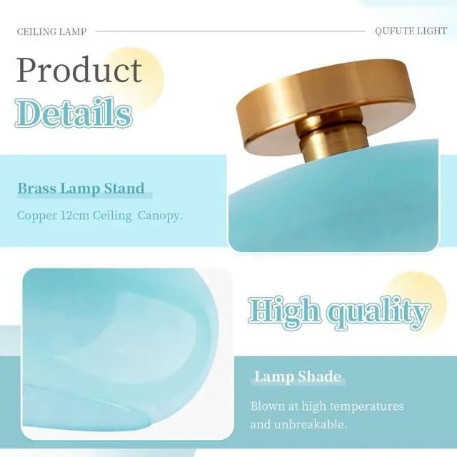 Alt view image 3 of 7 - Blue Close to Ceiling Light Fixtures Vintage Flush Mount Ceiling Lights 11" Round Dome Thickened Glass Shade Gold Mid Century Semi Flush Mount Light Hallway Entrance Lighting Fixture