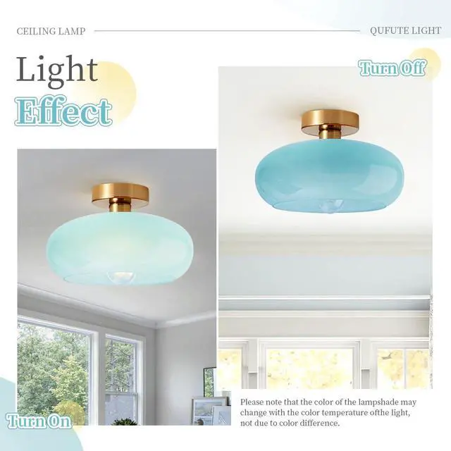 Alt view image 4 of 7 - Blue Close to Ceiling Light Fixtures Vintage Flush Mount Ceiling Lights 11" Round Dome Thickened Glass Shade Gold Mid Century Semi Flush Mount Light Hallway Entrance Lighting Fixture