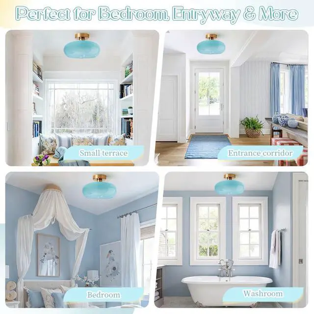 Alt view image 7 of 7 - Blue Close to Ceiling Light Fixtures Vintage Flush Mount Ceiling Lights 11" Round Dome Thickened Glass Shade Gold Mid Century Semi Flush Mount Light Hallway Entrance Lighting Fixture
