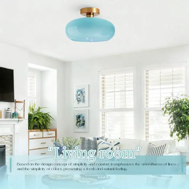 Alt view image 6 of 7 - Blue Close to Ceiling Light Fixtures Vintage Flush Mount Ceiling Lights 11" Round Dome Thickened Glass Shade Gold Mid Century Semi Flush Mount Light Hallway Entrance Lighting Fixture