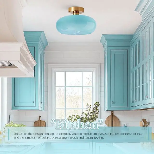 Alt view image 5 of 7 - Blue Close to Ceiling Light Fixtures Vintage Flush Mount Ceiling Lights 11" Round Dome Thickened Glass Shade Gold Mid Century Semi Flush Mount Light Hallway Entrance Lighting Fixture