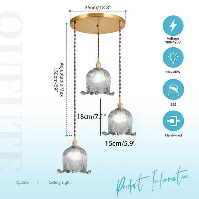 Alt view image 2 of 7 - Cluster Chandelier Gray Flower 3-Lights Mid-Century Pendant Light | 5.9" Shade Flower Glass Chandelier Brushed Gold Brass Finish Adjustable cord Modern Lights Fixtures for Dining Room Stair