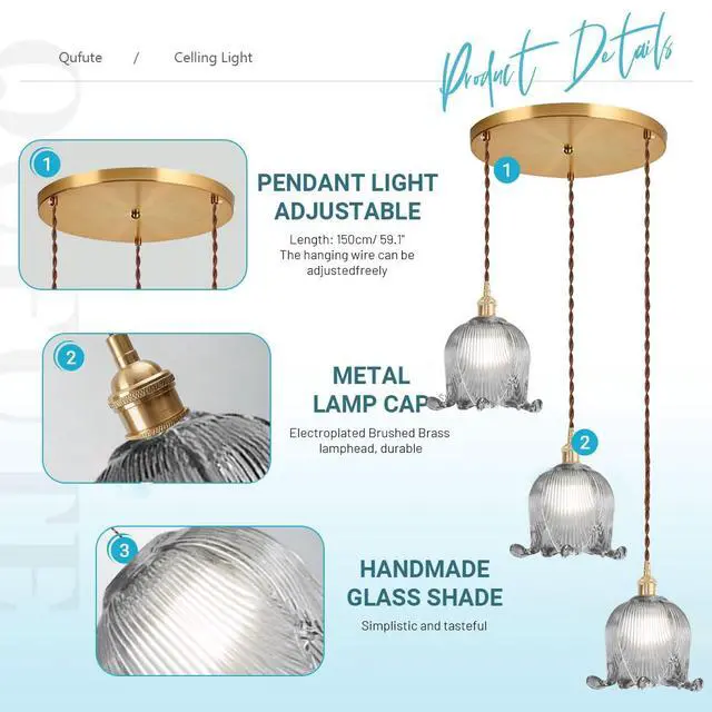 Alt view image 3 of 7 - Cluster Chandelier Gray Flower 3-Lights Mid-Century Pendant Light | 5.9" Shade Flower Glass Chandelier Brushed Gold Brass Finish Adjustable cord Modern Lights Fixtures for Dining Room Stair