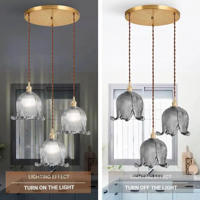 Alt view image 4 of 7 - Cluster Chandelier Gray Flower 3-Lights Mid-Century Pendant Light | 5.9" Shade Flower Glass Chandelier Brushed Gold Brass Finish Adjustable cord Modern Lights Fixtures for Dining Room Stair