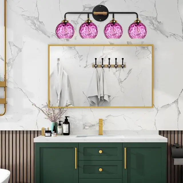 Alt view image 5 of 7 - Modern Bathroom Vanity Light Fixture 4 Light Glass Globe Sconce Purple Wall Sconce Lights Pink Vanity Lamp Mid-Century Wall Light with Hammer Glass Shade Vanity Lights for Over Mirror