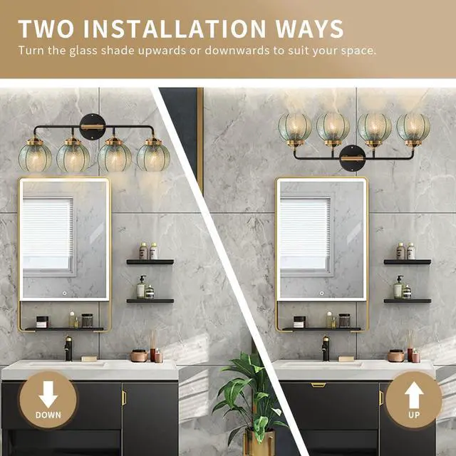 Alt view image 5 of 7 - 4-Lights Bathroom Light fixtures Glass Vanity Light Green Bathroom Sconce Mid Century Modern Wall Lamp,Black Gold Art Deco Vanity Light for Over Mirror Bedroom Hallway Dining Room