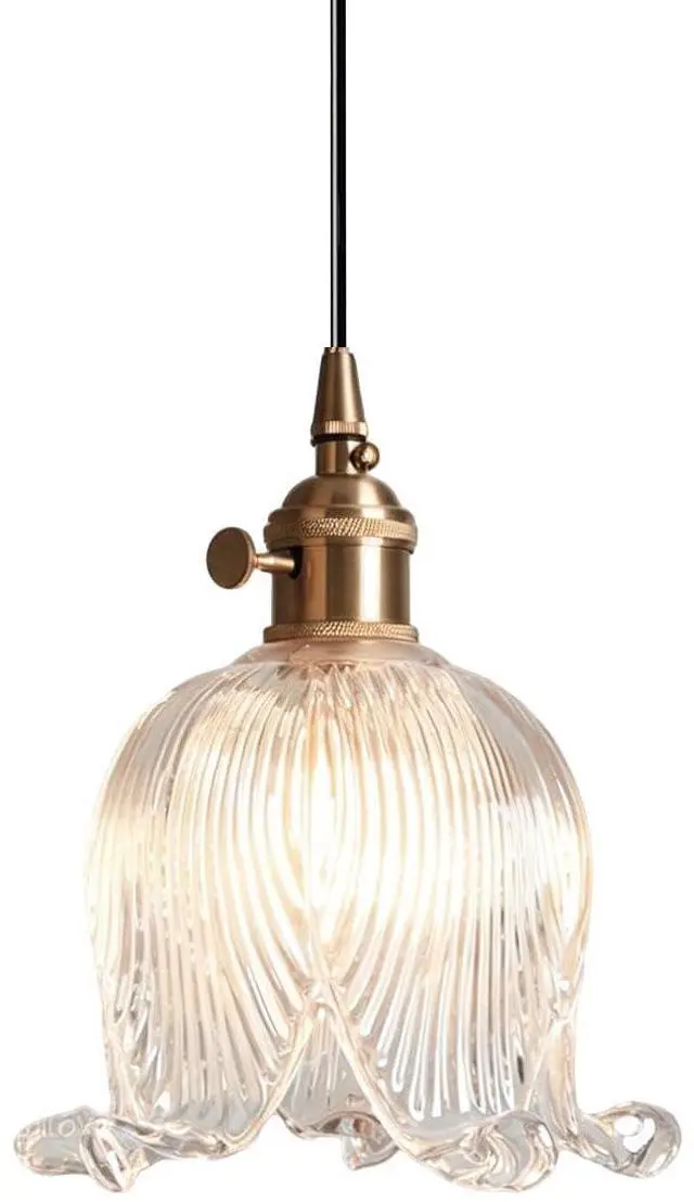 Main image of Gold Modern Pendant Light Mid Century Glass Hanging Lights with Flower Clear Glass Shade 1-Light Vintage Brass Pendant Lighting for Kitchen Island Bedroom Living Dining Room