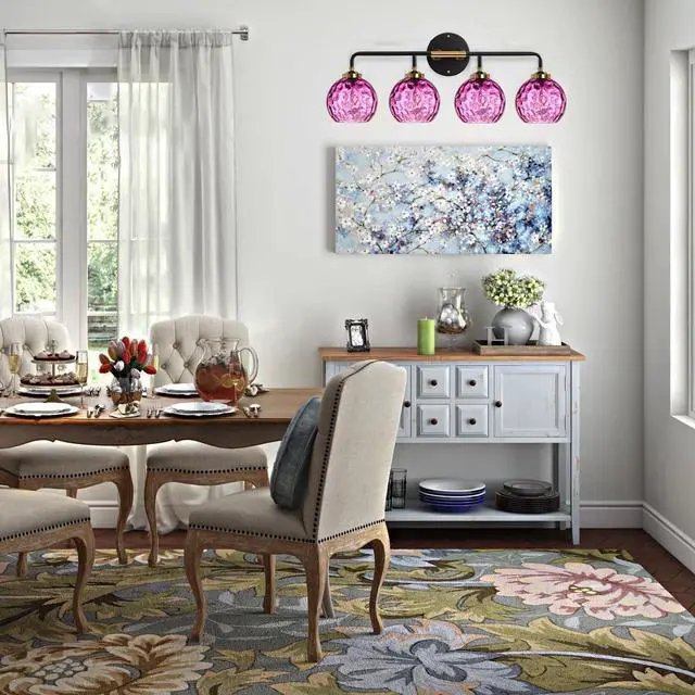 Alt view image 6 of 7 - Modern Bathroom Vanity Light Fixture 4 Light Glass Globe Sconce Purple Wall Sconce Lights Pink Vanity Lamp Mid-Century Wall Light with Hammer Glass Shade Vanity Lights for Over Mirror