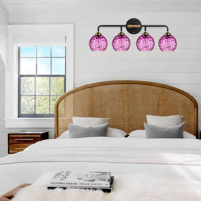 Alt view image 7 of 7 - Modern Bathroom Vanity Light Fixture 4 Light Glass Globe Sconce Purple Wall Sconce Lights Pink Vanity Lamp Mid-Century Wall Light with Hammer Glass Shade Vanity Lights for Over Mirror