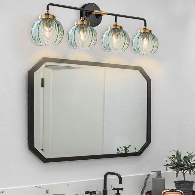 Alt view image 6 of 7 - 4-Lights Bathroom Light fixtures Glass Vanity Light Green Bathroom Sconce Mid Century Modern Wall Lamp,Black Gold Art Deco Vanity Light for Over Mirror Bedroom Hallway Dining Room