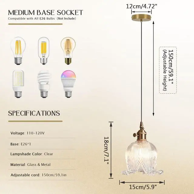 Alt view image 2 of 7 - Gold Modern Pendant Light Mid Century Glass Hanging Lights with Flower Clear Glass Shade 1-Light Vintage Brass Pendant Lighting for Kitchen Island Bedroom Living Dining Room