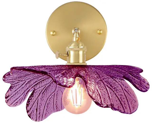 Main image of Bathroom Vanity Light Flower Glass Wall Sconce 1-Lights Mid Century Modern Wall Light Fixture Purple Shade Gold Brass Sconce Hardwired Vintage Wall Lamp for Over Mirror Living Room