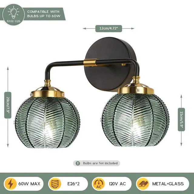 Alt view image 2 of 7 - Glass Wall Sconce 2 Light Bathroom Vanity Light Green Globe Wall Lamp with Ribbed Glass Shade Mid Century Modern Wall Sconces Black Gold Vanity Light for Over Mirror Bedroom Hallway