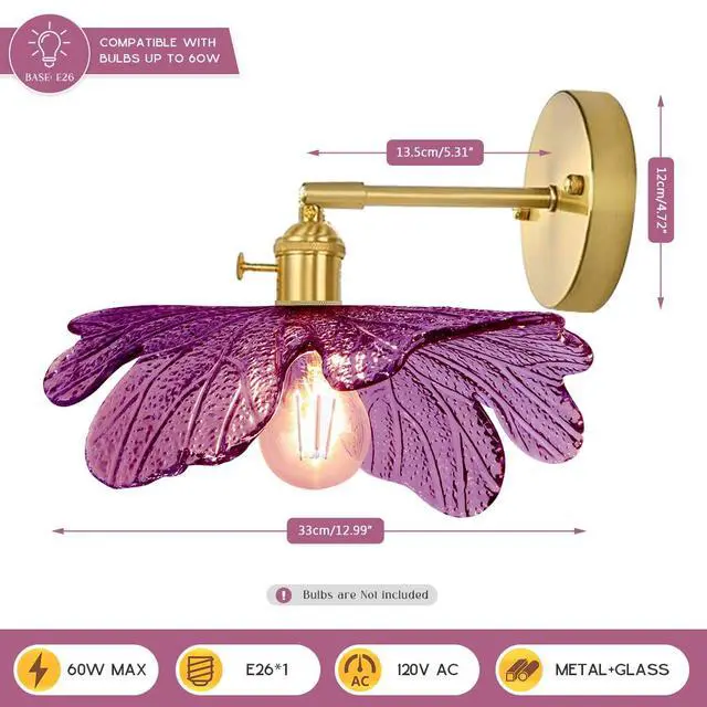 Alt view image 2 of 7 - Bathroom Vanity Light Flower Glass Wall Sconce 1-Lights Mid Century Modern Wall Light Fixture Purple Shade Gold Brass Sconce Hardwired Vintage Wall Lamp for Over Mirror Living Room
