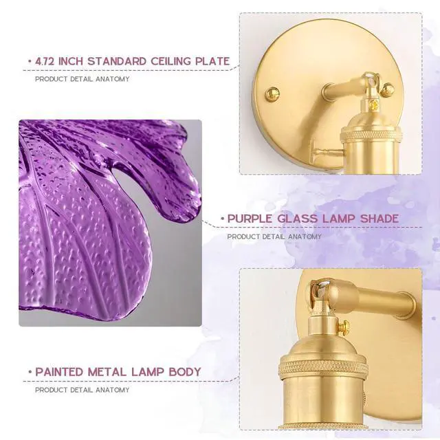 Alt view image 3 of 7 - Bathroom Vanity Light Flower Glass Wall Sconce 1-Lights Mid Century Modern Wall Light Fixture Purple Shade Gold Brass Sconce Hardwired Vintage Wall Lamp for Over Mirror Living Room