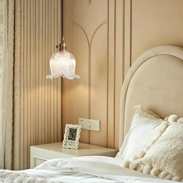 Alt view image 4 of 7 - Gold Modern Pendant Light Mid Century Glass Hanging Lights with Flower Clear Glass Shade 1-Light Vintage Brass Pendant Lighting for Kitchen Island Bedroom Living Dining Room