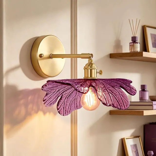 Alt view image 4 of 7 - Bathroom Vanity Light Flower Glass Wall Sconce 1-Lights Mid Century Modern Wall Light Fixture Purple Shade Gold Brass Sconce Hardwired Vintage Wall Lamp for Over Mirror Living Room