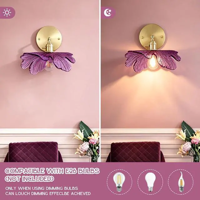 Alt view image 5 of 7 - Bathroom Vanity Light Flower Glass Wall Sconce 1-Lights Mid Century Modern Wall Light Fixture Purple Shade Gold Brass Sconce Hardwired Vintage Wall Lamp for Over Mirror Living Room