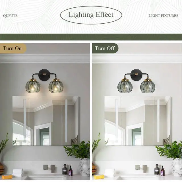 Alt view image 4 of 7 - 2 Light Bathroom Vanity Light Black and Gold Vanity Lights Vintage | Thick glass Bathroom Lights Fixtures Modern Wall Lamps Farmhouse Dining room Sconce art deco above mirror Lighting fixture
