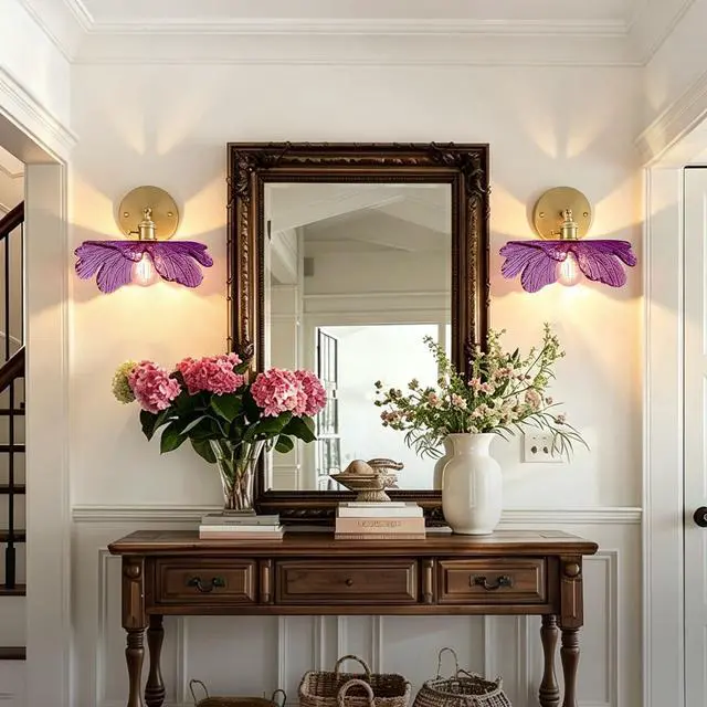 Alt view image 6 of 7 - Bathroom Vanity Light Flower Glass Wall Sconce 1-Lights Mid Century Modern Wall Light Fixture Purple Shade Gold Brass Sconce Hardwired Vintage Wall Lamp for Over Mirror Living Room