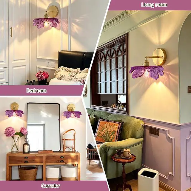 Alt view image 7 of 7 - Bathroom Vanity Light Flower Glass Wall Sconce 1-Lights Mid Century Modern Wall Light Fixture Purple Shade Gold Brass Sconce Hardwired Vintage Wall Lamp for Over Mirror Living Room