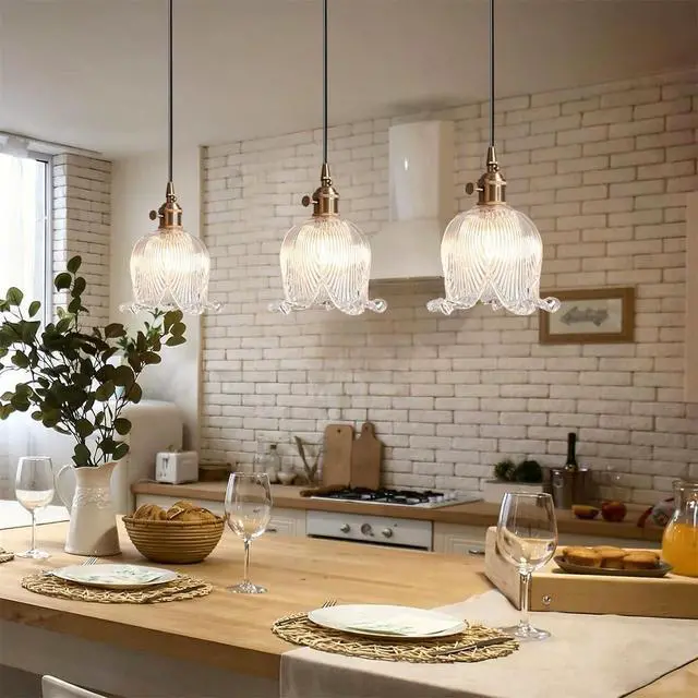 Alt view image 5 of 7 - Gold Modern Pendant Light Mid Century Glass Hanging Lights with Flower Clear Glass Shade 1-Light Vintage Brass Pendant Lighting for Kitchen Island Bedroom Living Dining Room