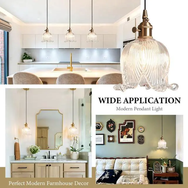 Alt view image 6 of 7 - Gold Modern Pendant Light Mid Century Glass Hanging Lights with Flower Clear Glass Shade 1-Light Vintage Brass Pendant Lighting for Kitchen Island Bedroom Living Dining Room
