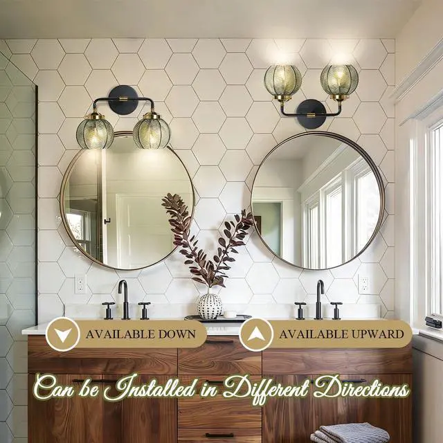 Alt view image 5 of 7 - 2 Light Bathroom Vanity Light Black and Gold Vanity Lights Vintage | Thick glass Bathroom Lights Fixtures Modern Wall Lamps Farmhouse Dining room Sconce art deco above mirror Lighting fixture