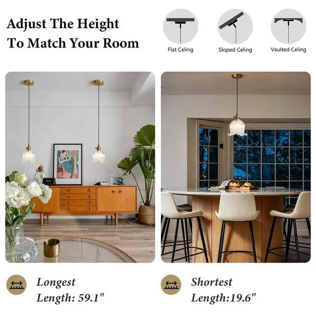 Alt view image 7 of 7 - Gold Modern Pendant Light Mid Century Glass Hanging Lights with Flower Clear Glass Shade 1-Light Vintage Brass Pendant Lighting for Kitchen Island Bedroom Living Dining Room