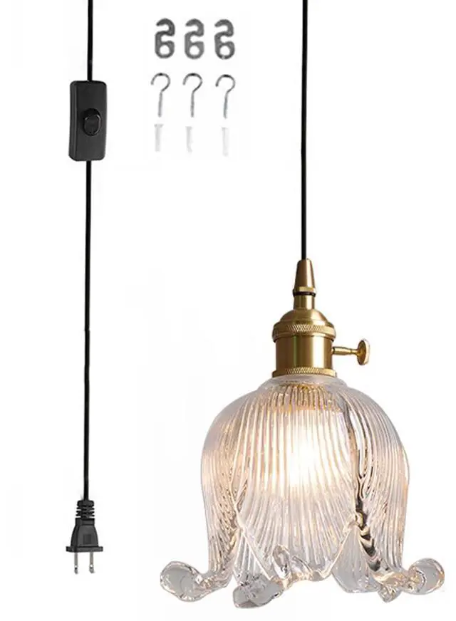 Main image of Gold Glass Pendant Light Plug in Pendant Light Fixtures Flower Clear Glass Shade Mid Century Modern 1-Light Brushed Brass Pendant Lighting for Kitchen Island Bedroom Dining Room