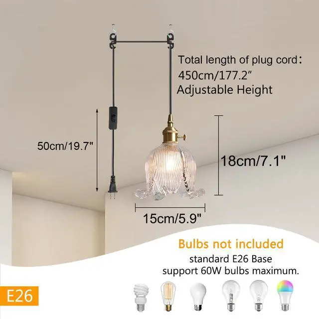 Alt view image 2 of 7 - Gold Glass Pendant Light Plug in Pendant Light Fixtures Flower Clear Glass Shade Mid Century Modern 1-Light Brushed Brass Pendant Lighting for Kitchen Island Bedroom Dining Room