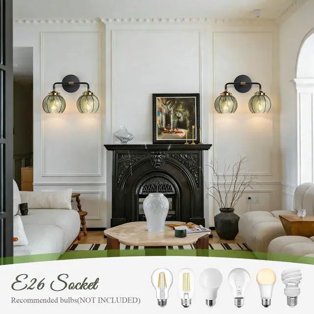 Alt view image 6 of 7 - 2 Light Bathroom Vanity Light Black and Gold Vanity Lights Vintage | Thick glass Bathroom Lights Fixtures Modern Wall Lamps Farmhouse Dining room Sconce art deco above mirror Lighting fixture