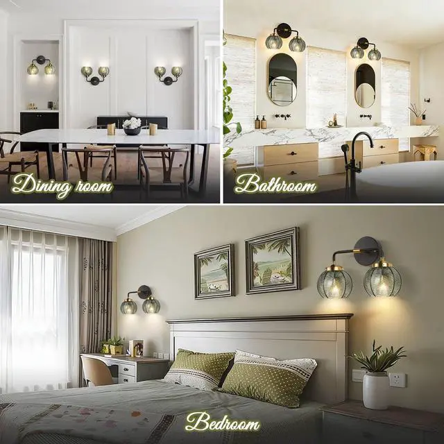 Alt view image 7 of 7 - 2 Light Bathroom Vanity Light Black and Gold Vanity Lights Vintage | Thick glass Bathroom Lights Fixtures Modern Wall Lamps Farmhouse Dining room Sconce art deco above mirror Lighting fixture
