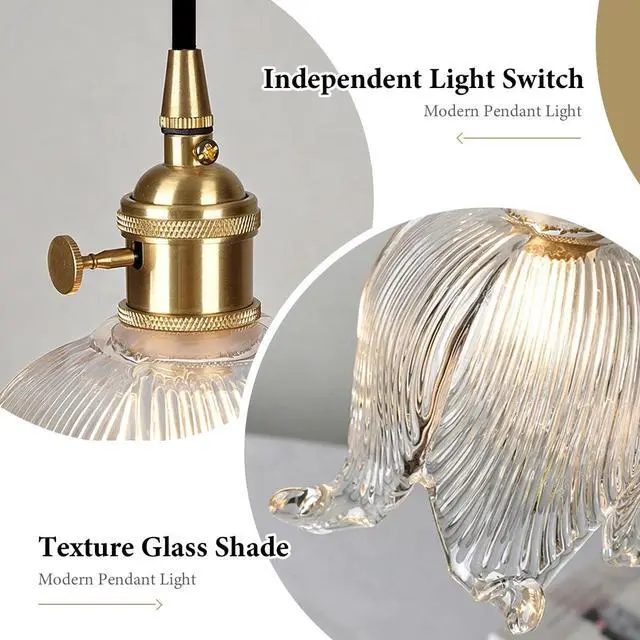 Alt view image 3 of 7 - Gold Glass Pendant Light Plug in Pendant Light Fixtures Flower Clear Glass Shade Mid Century Modern 1-Light Brushed Brass Pendant Lighting for Kitchen Island Bedroom Dining Room
