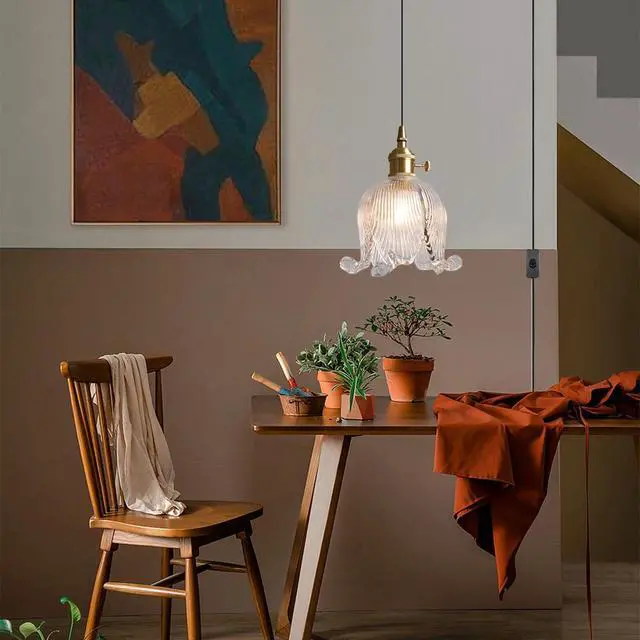 Alt view image 4 of 7 - Gold Glass Pendant Light Plug in Pendant Light Fixtures Flower Clear Glass Shade Mid Century Modern 1-Light Brushed Brass Pendant Lighting for Kitchen Island Bedroom Dining Room