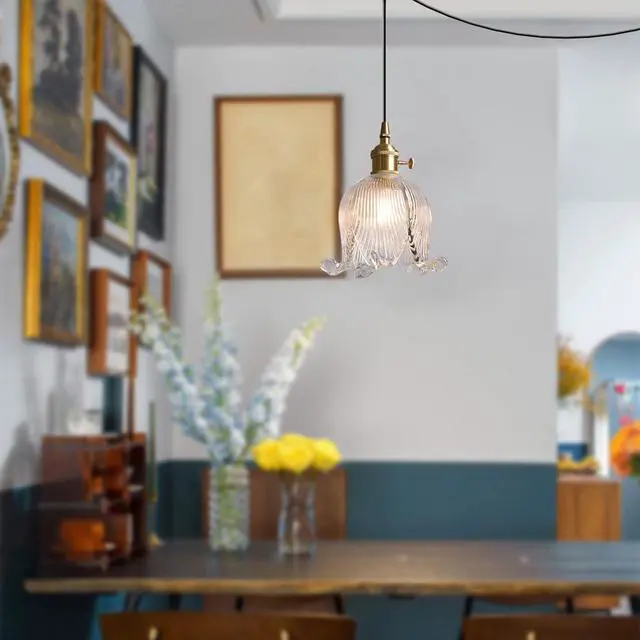 Alt view image 5 of 7 - Gold Glass Pendant Light Plug in Pendant Light Fixtures Flower Clear Glass Shade Mid Century Modern 1-Light Brushed Brass Pendant Lighting for Kitchen Island Bedroom Dining Room