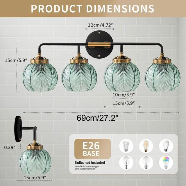 Alt view image 3 of 7 - 4-Lights Bathroom Light fixtures Glass Vanity Light Green Bathroom Sconce Mid Century Modern Wall Lamp,Black Gold Art Deco Vanity Light for Over Mirror Bedroom Hallway Dining Room