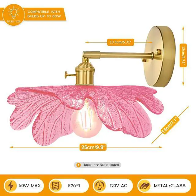 Alt view image 2 of 7 - Pink Bathroom Light Fixture Flower Glass Shade 1-Lights Vintage Vanity Light 90° Adjustable Gold Brass Wall Sconce Over Mirror E26 Base Mid Century Modern Wall Lamp Bedroom Bedside