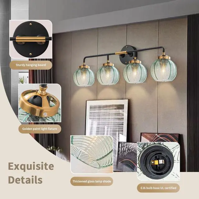 Alt view image 4 of 7 - 4-Lights Bathroom Light fixtures Glass Vanity Light Green Bathroom Sconce Mid Century Modern Wall Lamp,Black Gold Art Deco Vanity Light for Over Mirror Bedroom Hallway Dining Room