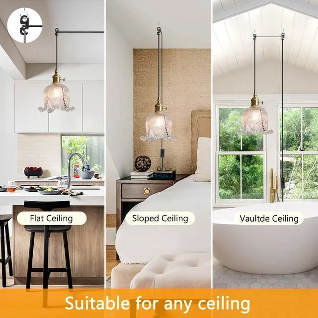 Alt view image 6 of 7 - Gold Glass Pendant Light Plug in Pendant Light Fixtures Flower Clear Glass Shade Mid Century Modern 1-Light Brushed Brass Pendant Lighting for Kitchen Island Bedroom Dining Room