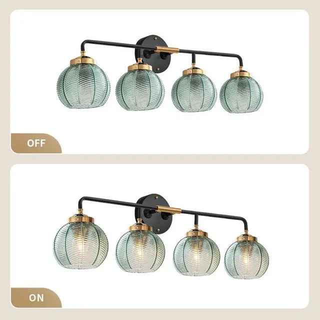 Alt view image 7 of 7 - 4-Lights Bathroom Light fixtures Glass Vanity Light Green Bathroom Sconce Mid Century Modern Wall Lamp,Black Gold Art Deco Vanity Light for Over Mirror Bedroom Hallway Dining Room