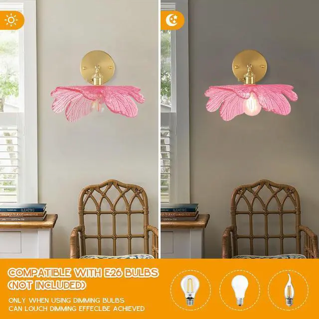Alt view image 3 of 7 - Pink Bathroom Light Fixture Flower Glass Shade 1-Lights Vintage Vanity Light 90° Adjustable Gold Brass Wall Sconce Over Mirror E26 Base Mid Century Modern Wall Lamp Bedroom Bedside