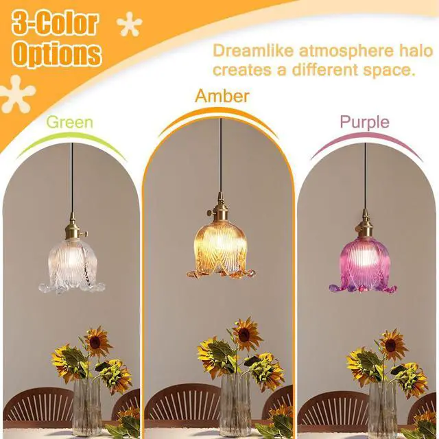 Alt view image 7 of 7 - Gold Glass Pendant Light Plug in Pendant Light Fixtures Flower Clear Glass Shade Mid Century Modern 1-Light Brushed Brass Pendant Lighting for Kitchen Island Bedroom Dining Room