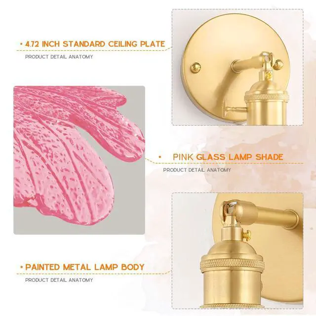 Alt view image 4 of 7 - Pink Bathroom Light Fixture Flower Glass Shade 1-Lights Vintage Vanity Light 90° Adjustable Gold Brass Wall Sconce Over Mirror E26 Base Mid Century Modern Wall Lamp Bedroom Bedside