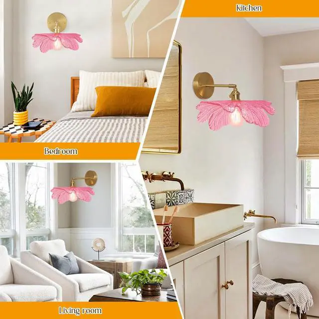 Alt view image 5 of 7 - Pink Bathroom Light Fixture Flower Glass Shade 1-Lights Vintage Vanity Light 90° Adjustable Gold Brass Wall Sconce Over Mirror E26 Base Mid Century Modern Wall Lamp Bedroom Bedside