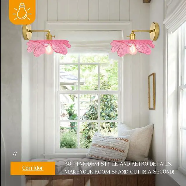 Alt view image 6 of 7 - Pink Bathroom Light Fixture Flower Glass Shade 1-Lights Vintage Vanity Light 90° Adjustable Gold Brass Wall Sconce Over Mirror E26 Base Mid Century Modern Wall Lamp Bedroom Bedside