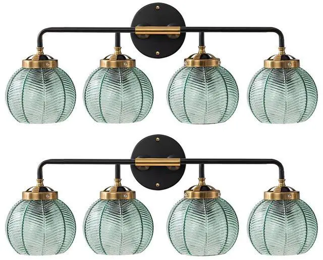 Main image of 2-Pack Thick Glass 4-Light Bathroom Vanity Light Fixture Green Glass | 15cm Globe Shade Mid Century Modern Light fixture Black Gold Metal Finish Large Sconce Over Mirror Bath Living Room Cabinet