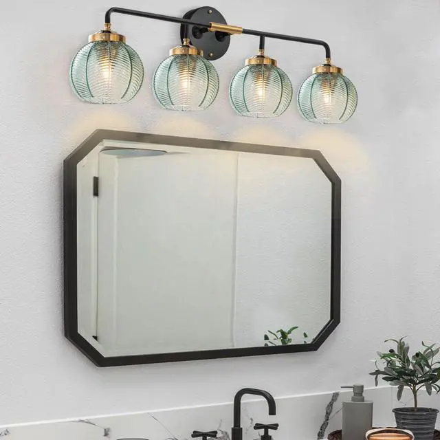 Alt view image 7 of 7 - 2-Pack Thick Glass 4-Light Bathroom Vanity Light Fixture Green Glass | 15cm Globe Shade Mid Century Modern Light fixture Black Gold Metal Finish Large Sconce Over Mirror Bath Living Room Cabinet