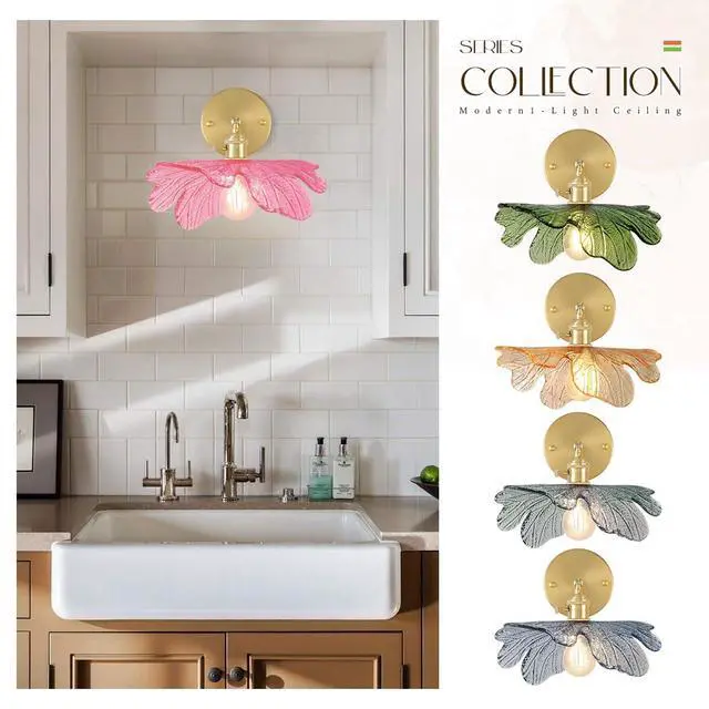 Alt view image 7 of 7 - Pink Bathroom Light Fixture Flower Glass Shade 1-Lights Vintage Vanity Light 90° Adjustable Gold Brass Wall Sconce Over Mirror E26 Base Mid Century Modern Wall Lamp Bedroom Bedside