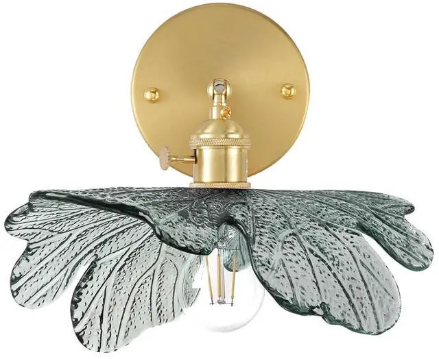 Main image of Vintage Sconce Over Mirror Mid Century Modern Wall Sconce Light Fixture Gold Bathroom Vanity Lights with Dark Green Flower Glass Shade 90 Degree Adjustable Hardwired Wall Lighting